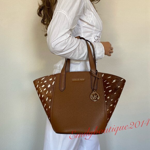 NWT Michael Kors Portia Small Tote Brown Luggage Leather Haircalf Bag $428 - Picture 1 of 8